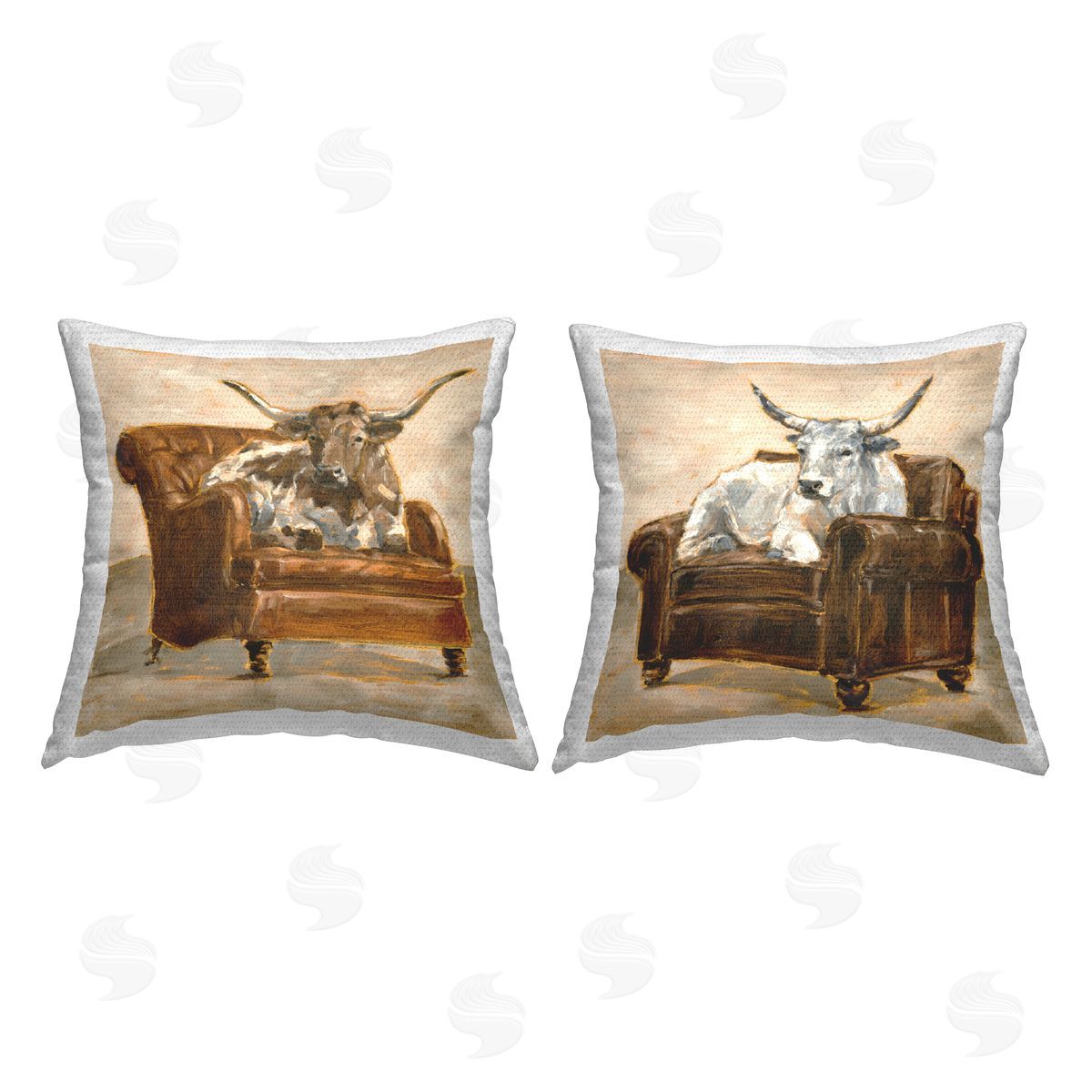 Country Cattle Long Horns on Chairs Outdoor Printed Pillow, Home Decor by Ethan Harper