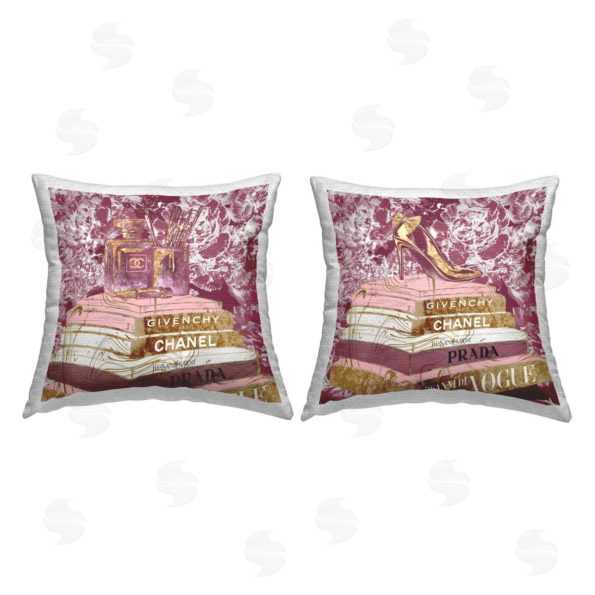 Pink Fashion Glam Book Stacks Perfume Heel Printed Pillow Outdoor Printed Pillow, Home Decor by Ziwei Li