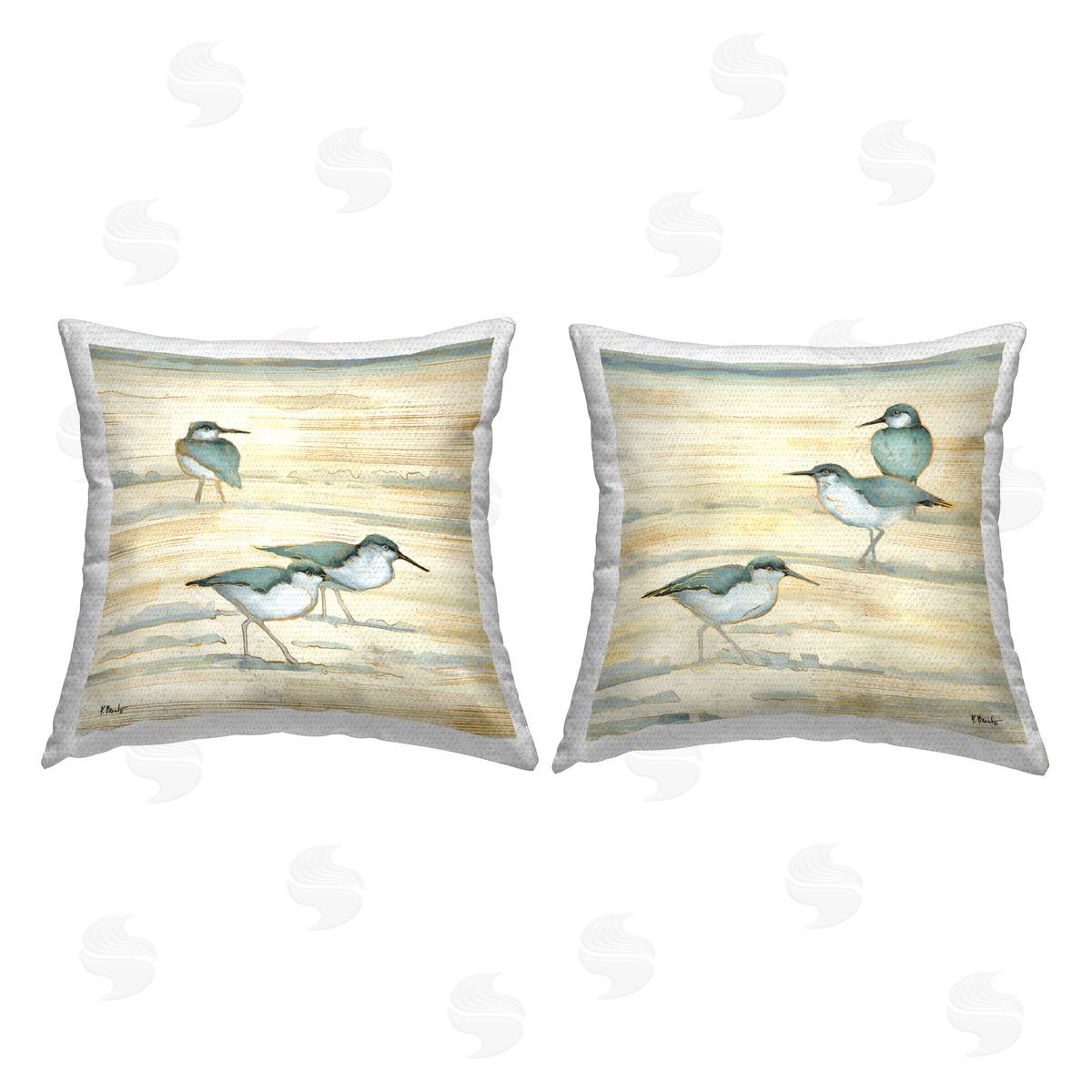 Neutral Beige Sandpipers Sandy Shoreline Beach Outdoor Printed Pillow, Home Decor by Paul Brent