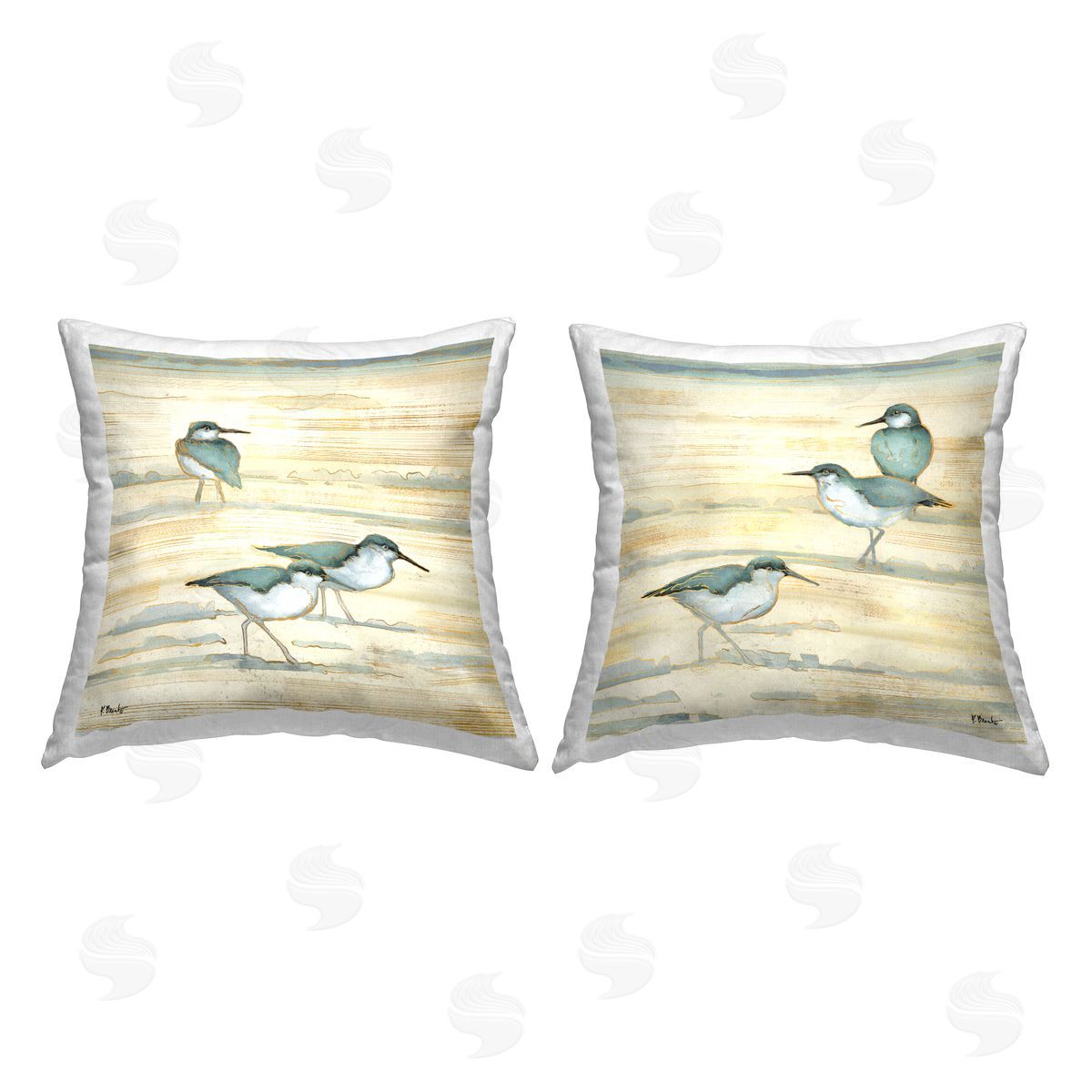 Neutral Beige Sandpipers Sandy Shoreline Beach Decorative Printed Pillow, Home Decor by Paul Brent