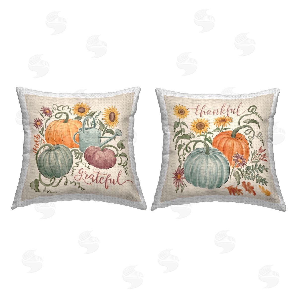 Thankful Grateful Autumnal Plants Floral Pumpkins Outdoor Printed Pillow, Home Decor by Janelle Penner