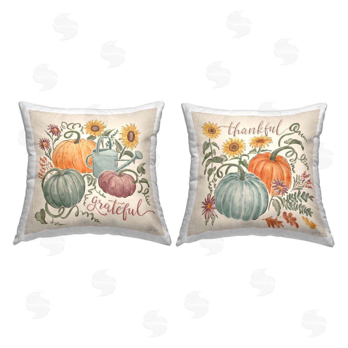 Thankful Grateful Autumnal Plants Floral Pumpkins Decorative Printed Pillow, Home Decor by Janelle Penner