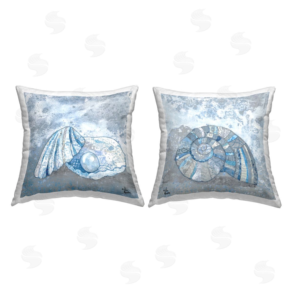 Blue Collaged Clam Seashell Aquatic Beach Life Decorative Printed Pillow, Home Decor by Lisa Morales