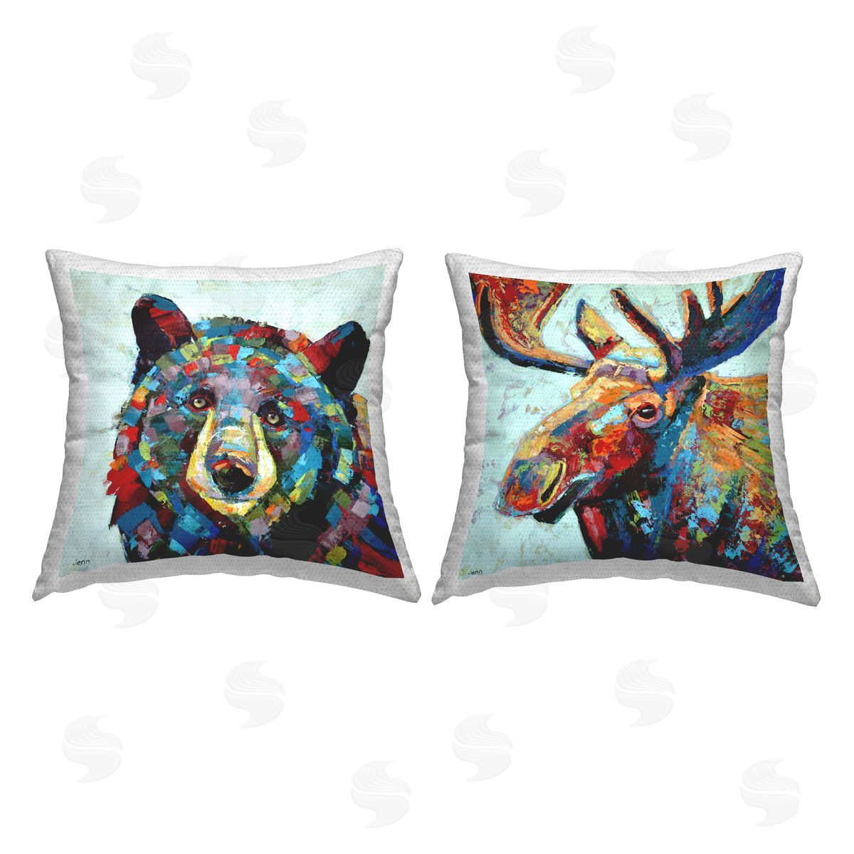 Modern Vivid Wildlife Moose Bear Outdoor Printed Pillow, Home Decor by Jen Seeley