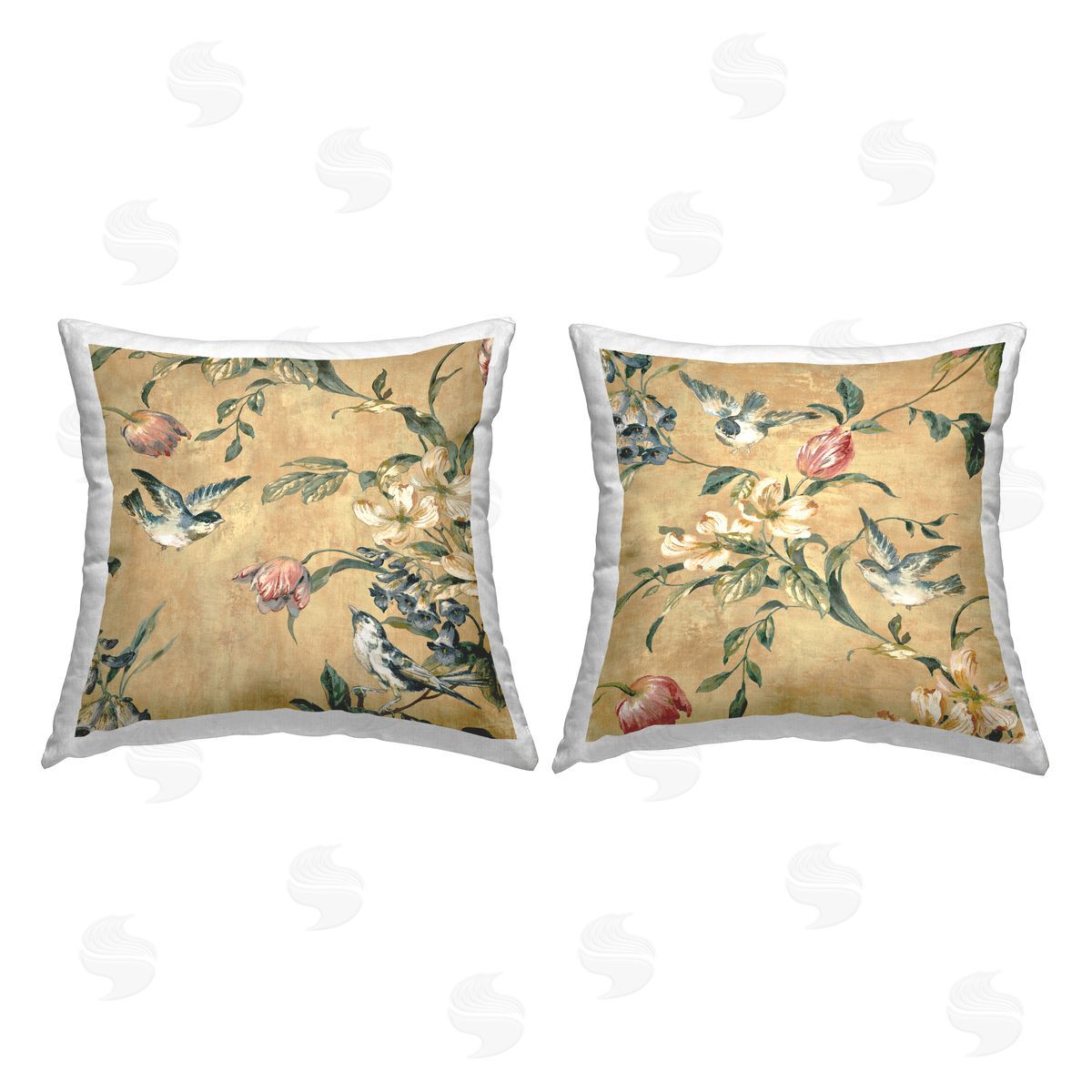Traditional Birds Floral Branch Decorative Printed Pillow, Home Decor by Reneé Campbell