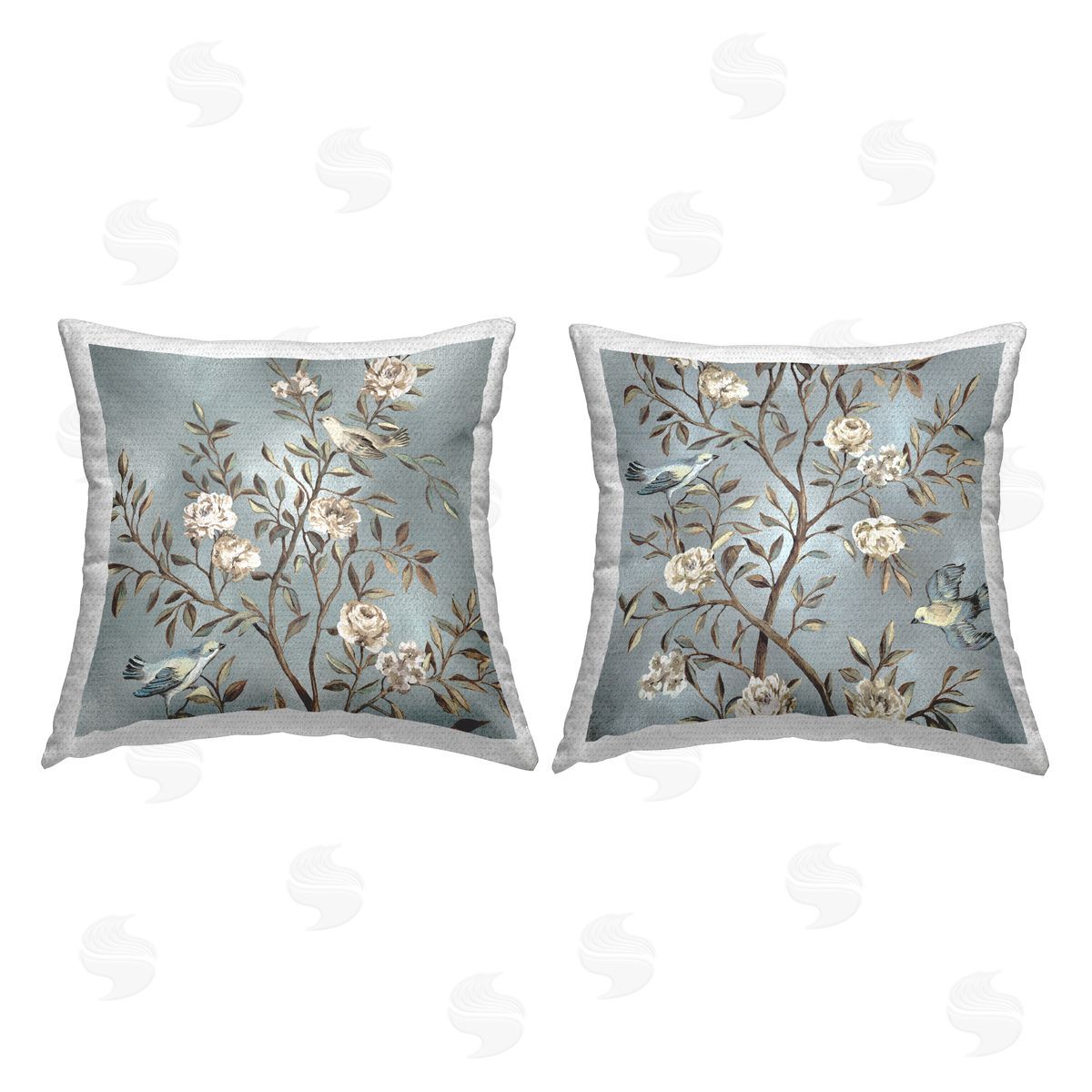 Birds Perched Blooming Branches Outdoor Printed Pillow, Home Decor by Reneé Campbell