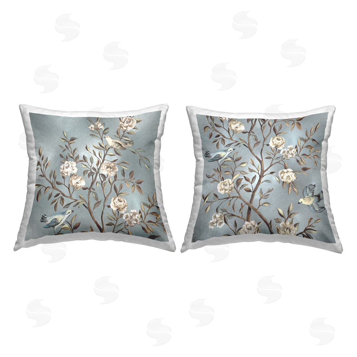 Birds Perched Blooming Branches Decorative Printed Pillow, Home Decor by Reneé Campbell