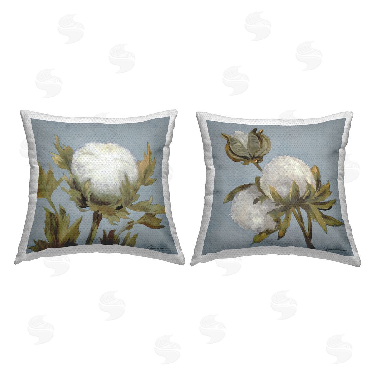 Cotton Flowers Botanical Blooms Outdoor Printed Pillow, Home Decor by Liz Jardine