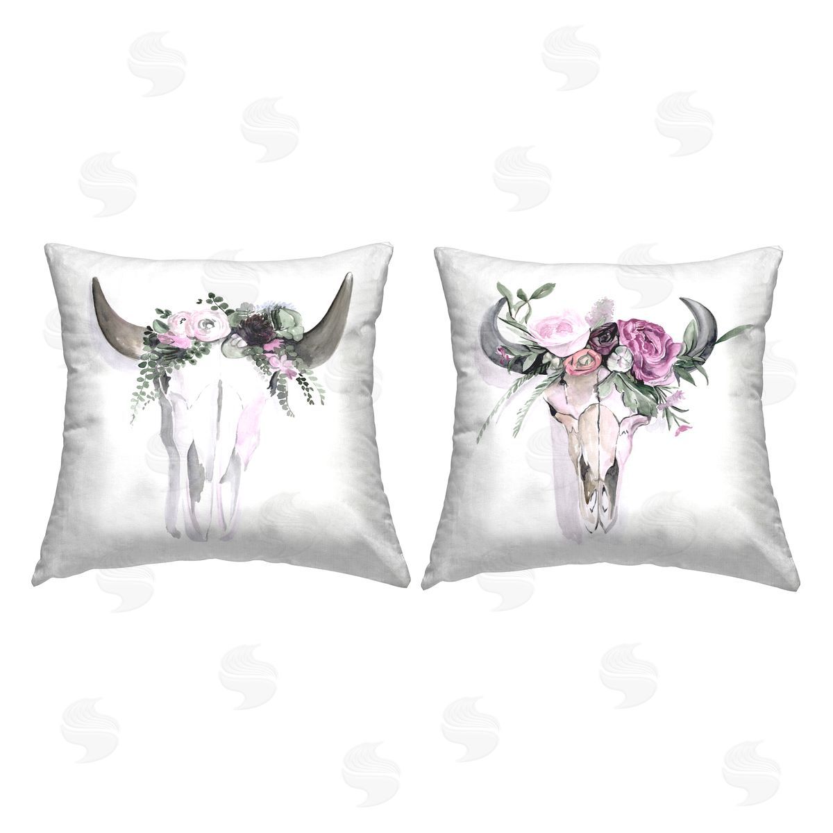 Boho Cattle Skull Floral Garlands Decorative Printed Pillow, Home Decor by Jennifer Paxton Parker
