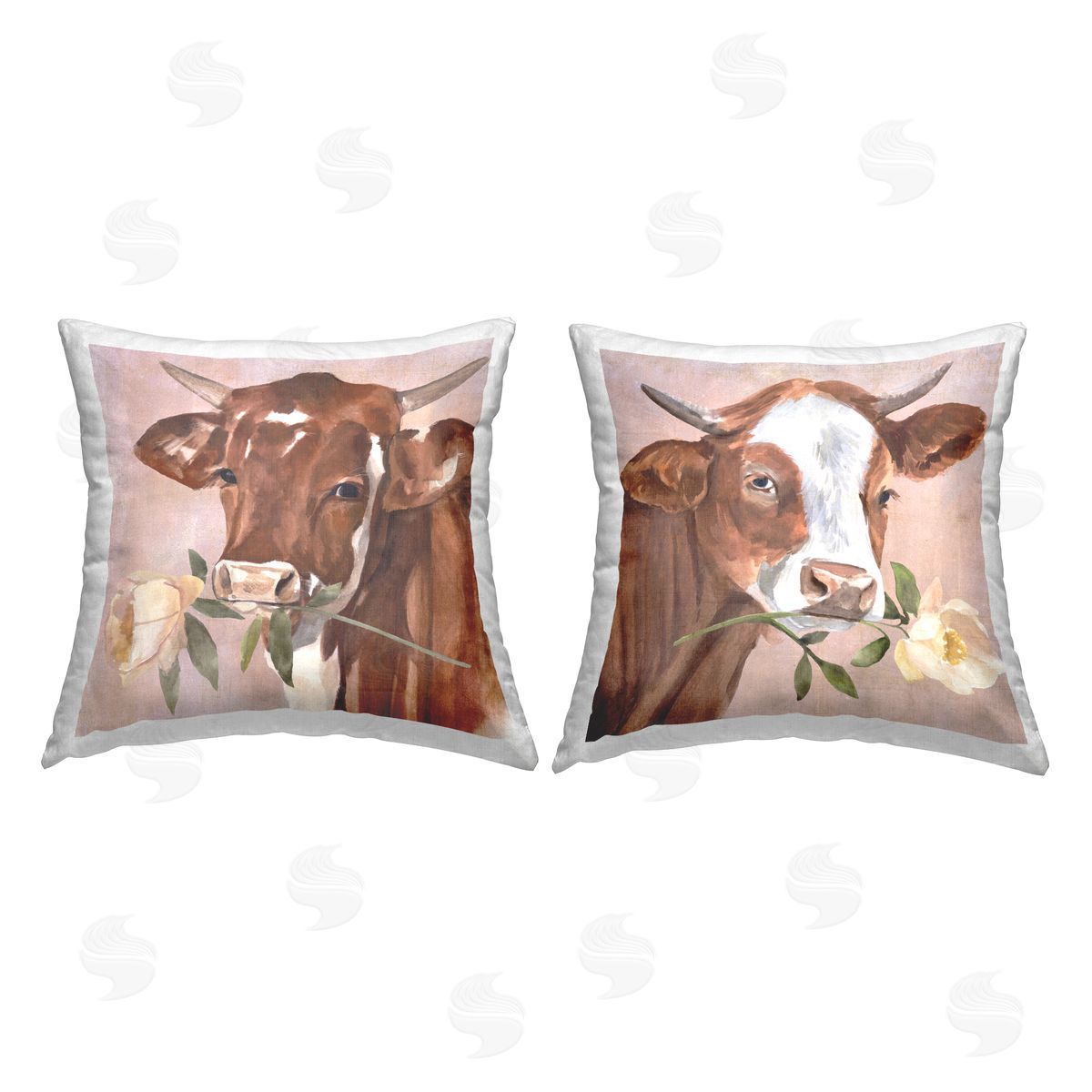 Cow Holding Rose Portrait Decorative Printed Pillow, Home Decor by Annie Warren