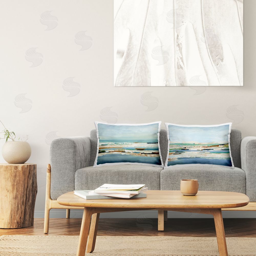 Ethan Harper Blue Abstract Landscape Printed Plush Polyester Throw Pillow On Chair