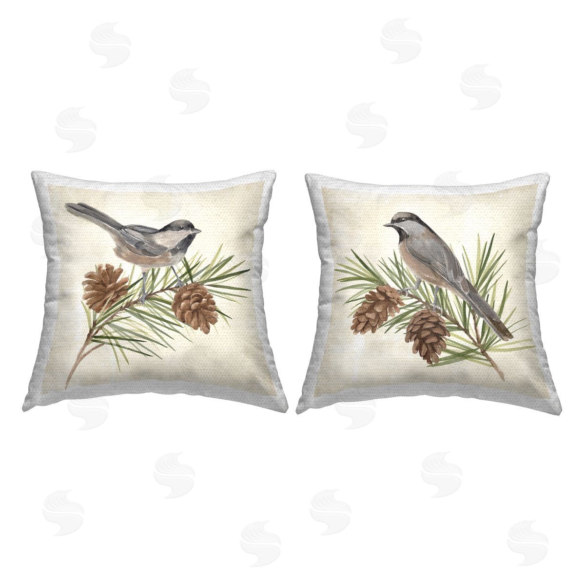 Birds Perched Pinecones Outdoor Printed Pillow, Home Decor by Annie Warren
