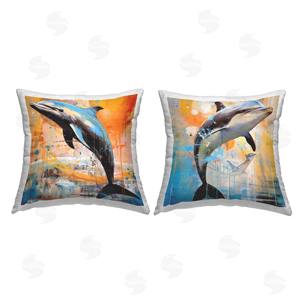 Modern Dolphins Splash Outdoor Printed Pillow, Home Decor by Ray Powers