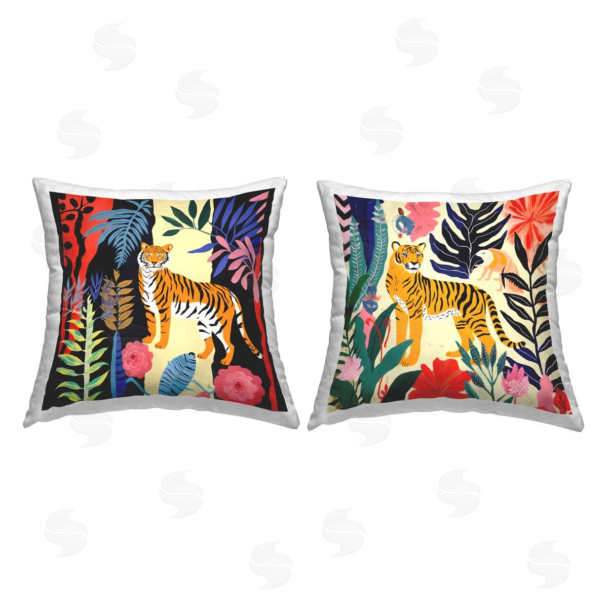 Tigers & Patterned Leaves Decorative Printed Pillow, Home Decor by Jennifer Brinley