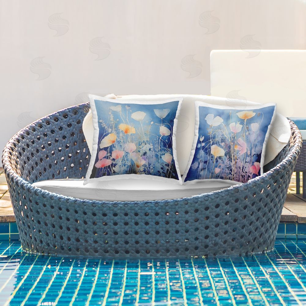Irena Orlov Abstract Blue Flower Layers Outdoor Quick-Dry Polyester Printed Throw Pillow in Back Yard