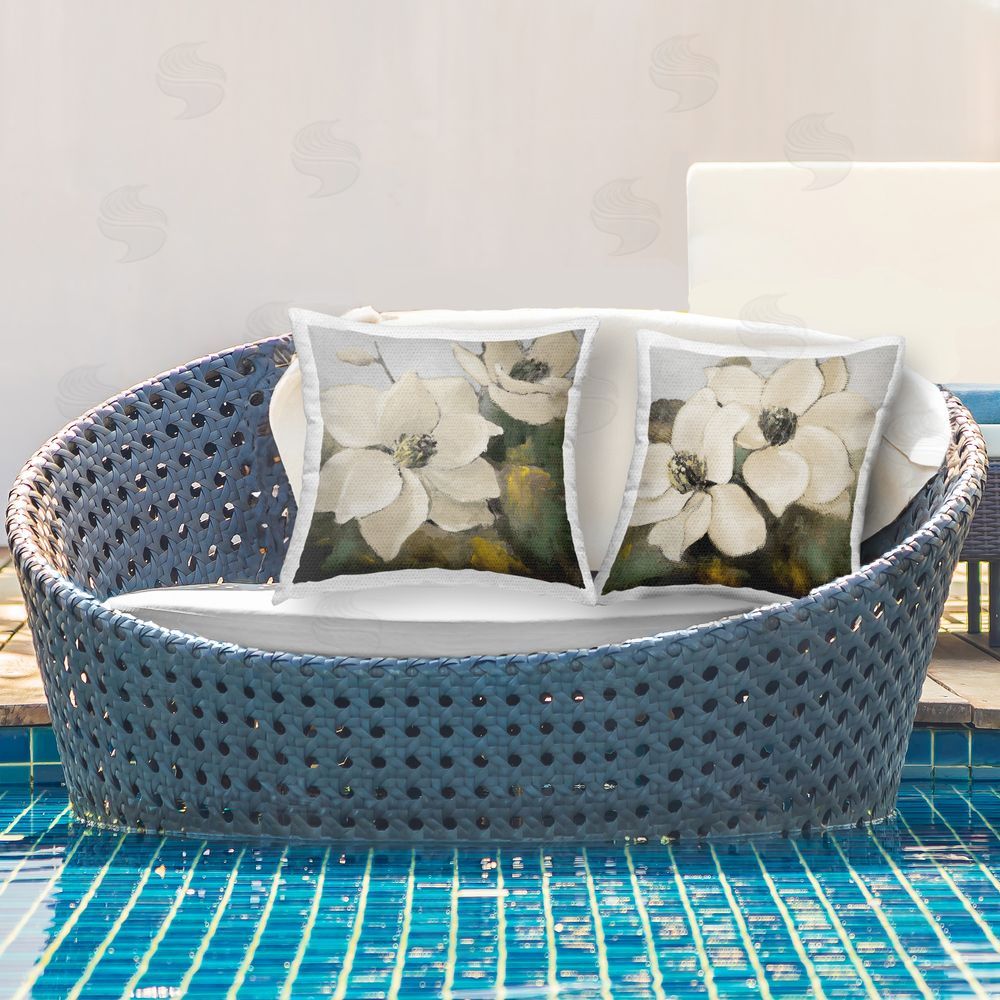 Lanie Loreth Blooming Magnolia Blossom Outdoor Quick-Dry Polyester Printed Throw Pillow in Back Yard