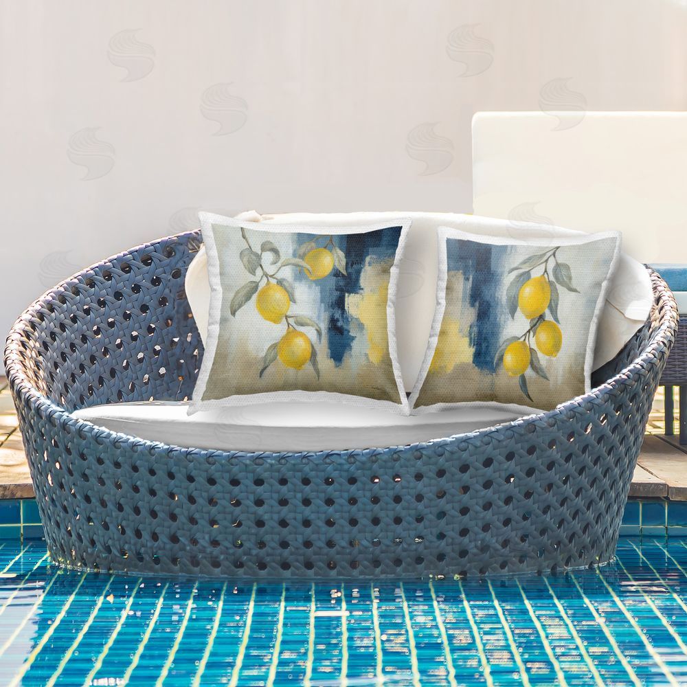Silvia Vassileva Abstract Hanging Lemon Fruits Outdoor Quick-Dry Polyester Printed Throw Pillow in Back Yard
