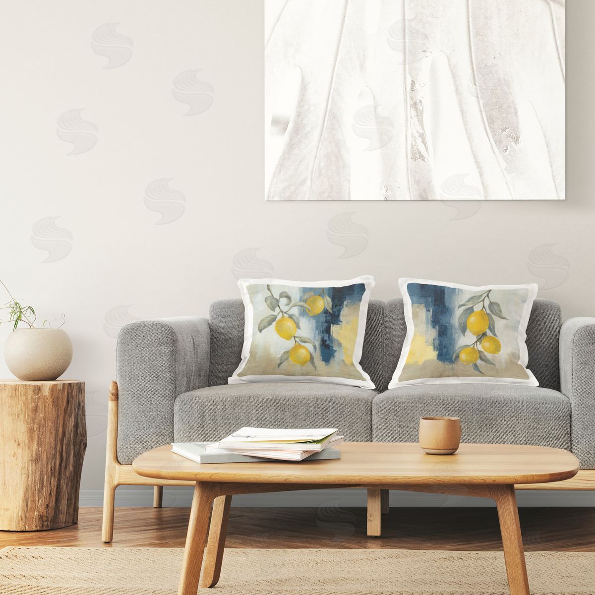 Silvia Vassileva Abstract Hanging Lemon Fruits Printed Plush Polyester Throw Pillow