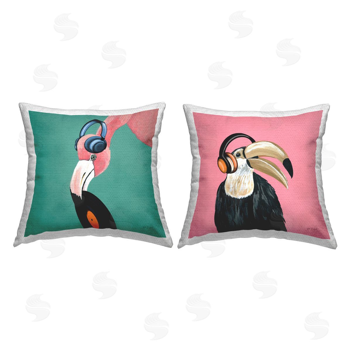 Yvette St. Amant Toucan and Flamingo Musical Pals  Outdoor Quick-Dry Polyester Printed Throw Pillow
