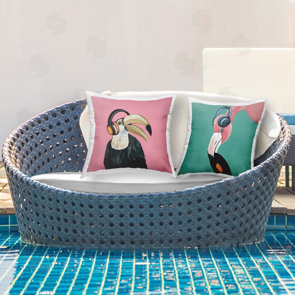 Yvette St. Amant Toucan and Flamingo Musical Pals  Outdoor Quick-Dry Polyester Printed Throw Pillow in Back Yard