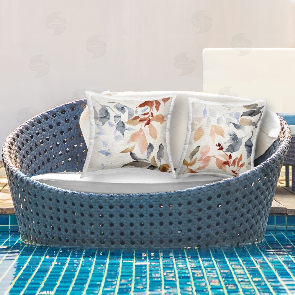 Victoria Barnes Neutral Watercolor Leaves Outdoor Quick-Dry Polyester Printed Throw Pillow in Back Yard