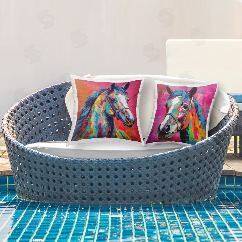 Stupell Studio Bright Neon Horse Portrait  Outdoor Quick-Dry Polyester Printed Throw Pillow in Back Yard