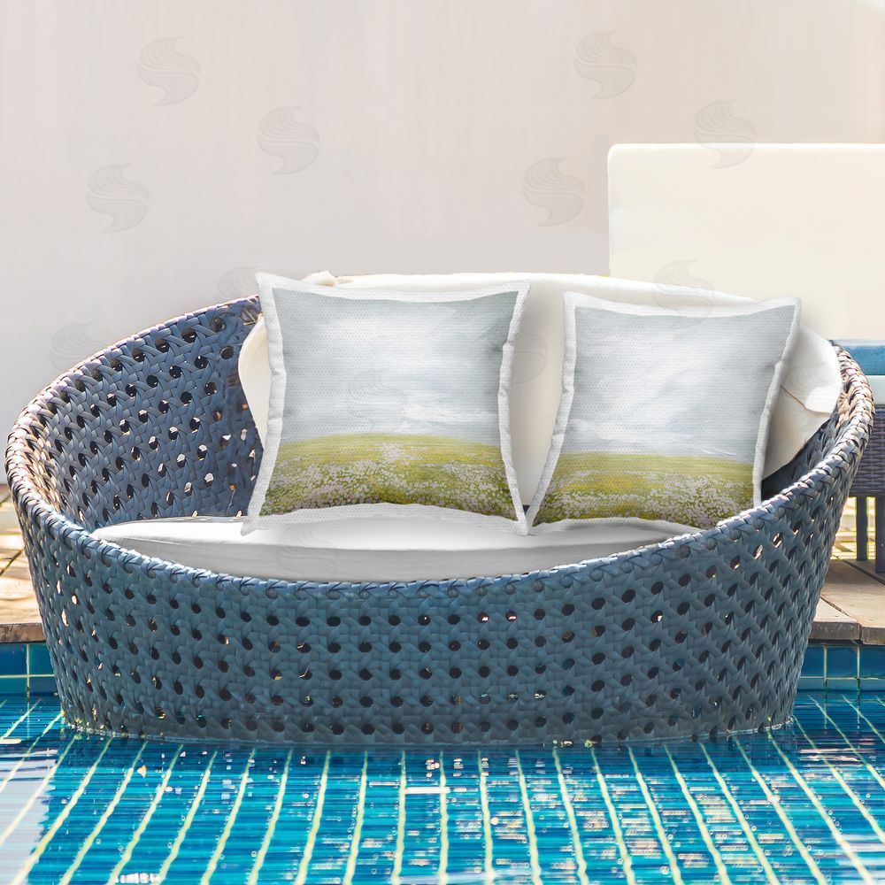 Grace Popp Flowering Field Wispy Clouds Outdoor Quick-Dry Polyester Printed Throw Pillow in Back Yard