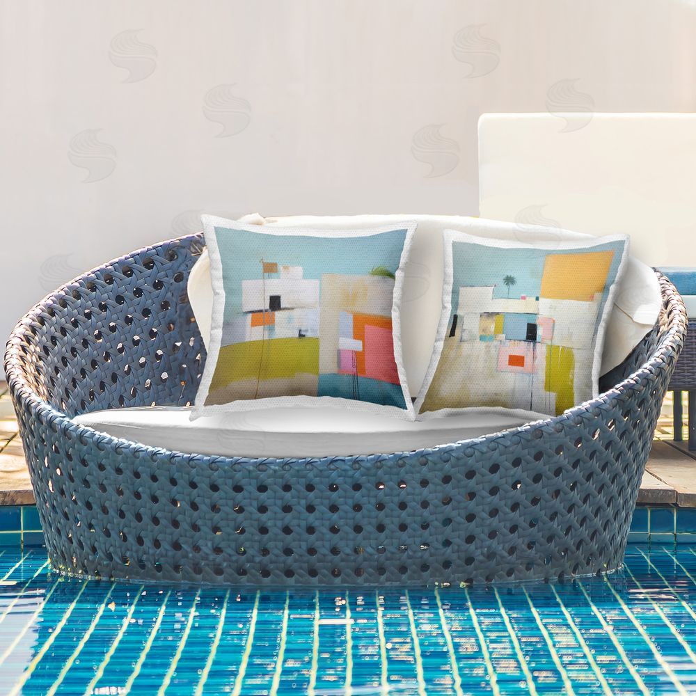 Irena Orlov Abstract Square Block Apartment  Outdoor Quick-Dry Polyester Printed Throw Pillow in Back Yard