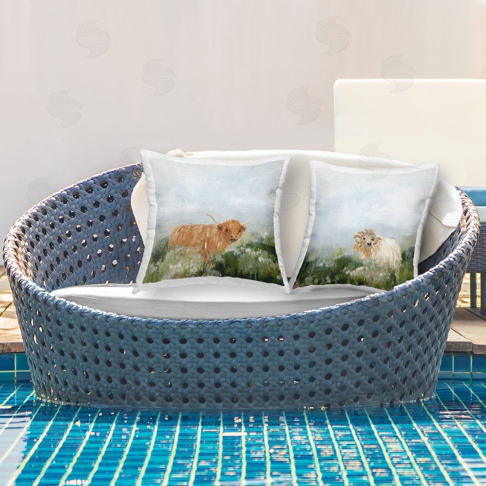 June Erica Vess Cattle & Ram Roaming Outdoor Quick-Dry Polyester Printed Throw Pillow in Back Yard