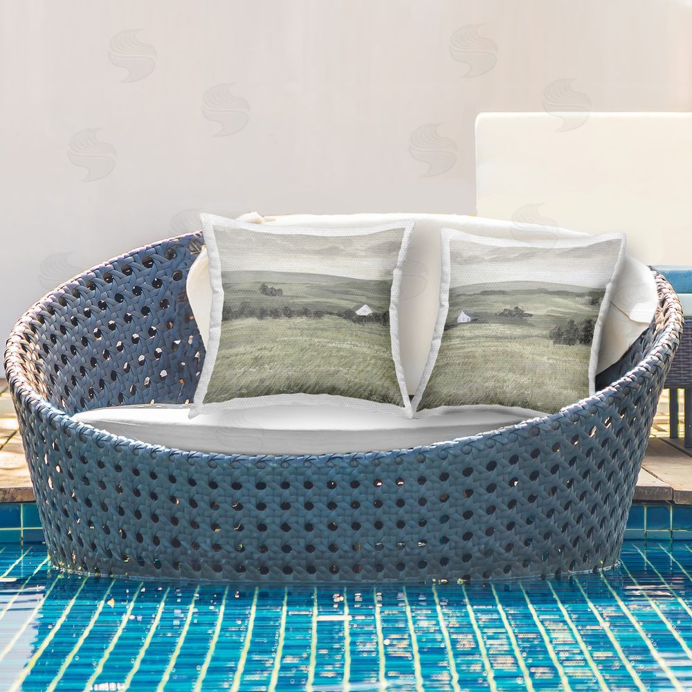 Victoria Borges Traditional Distant Farmhouse Field  Outdoor Quick-Dry Polyester Printed Throw Pillow in Back Yard