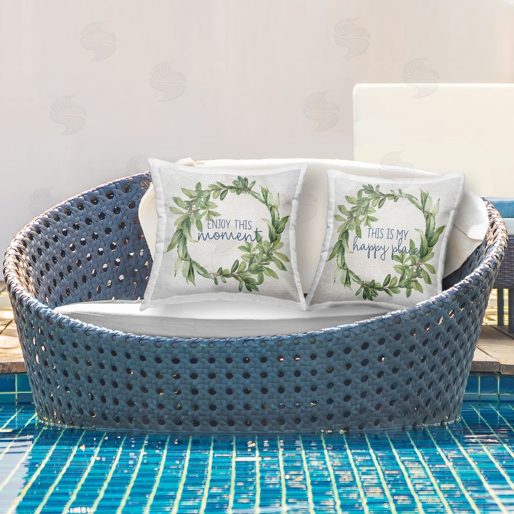 Anne Bailey Enjoy Happy Greenery Wreath  Outdoor Quick-Dry Polyester Printed Throw Pillow in Back Yard