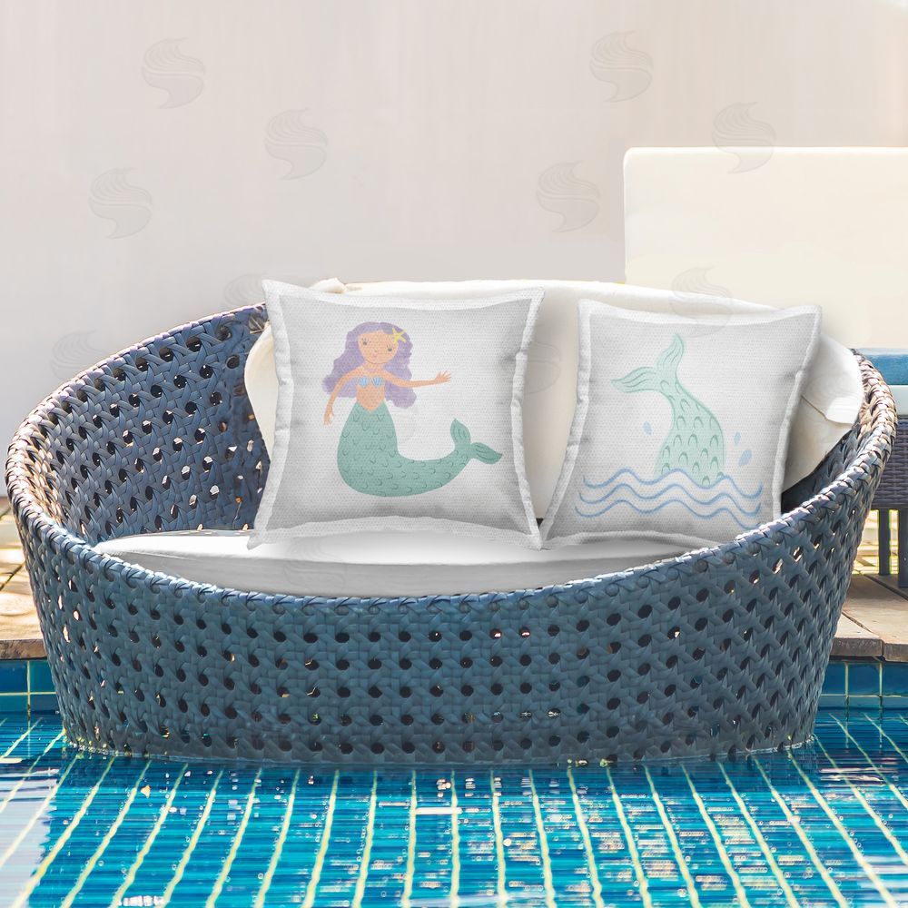 Carrie Cantwell Ocean Mermaid Splash  Outdoor Quick-Dry Polyester Printed Throw Pillow in Back Yard