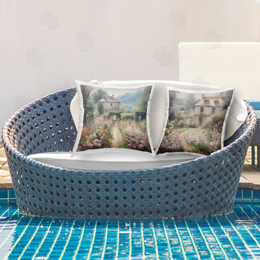 Riley B Quaint French Country Garden Outdoor Quick-Dry Polyester Printed Throw Pillow in Back Yard