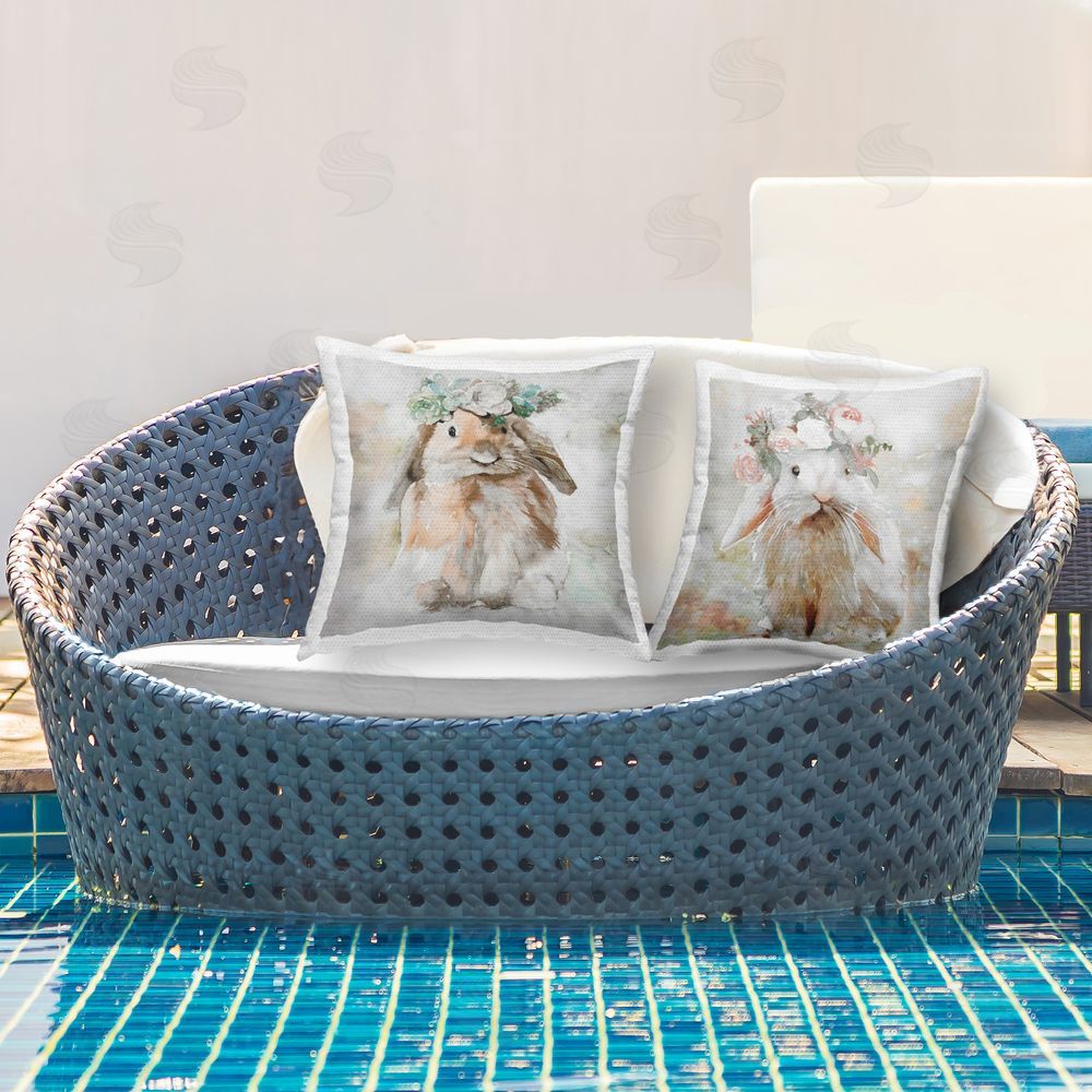 Stellar Design Studio Soft Spring Floral Bunnies Outdoor Quick-Dry Polyester Printed Throw Pillow in Back Yard