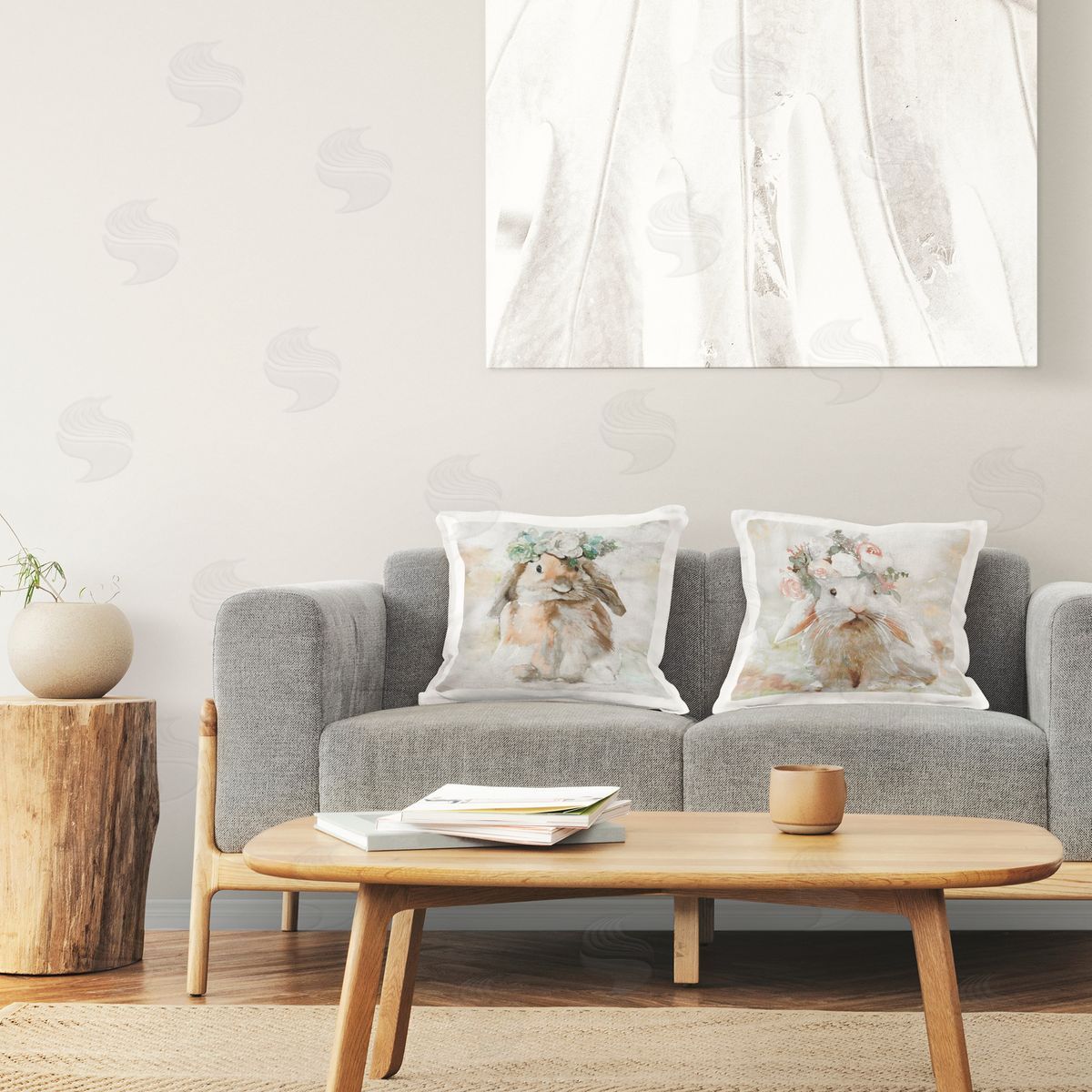 Stellar Design Studio Soft Spring Floral Bunnies Printed Plush Polyester Throw Pillow