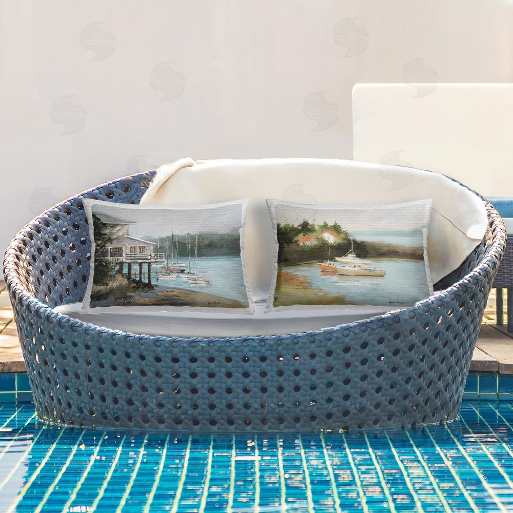 Jane Slivka Boat Lakeshore Landscape Outdoor Quick-Dry Polyester Printed Throw Pillow in Back Yard