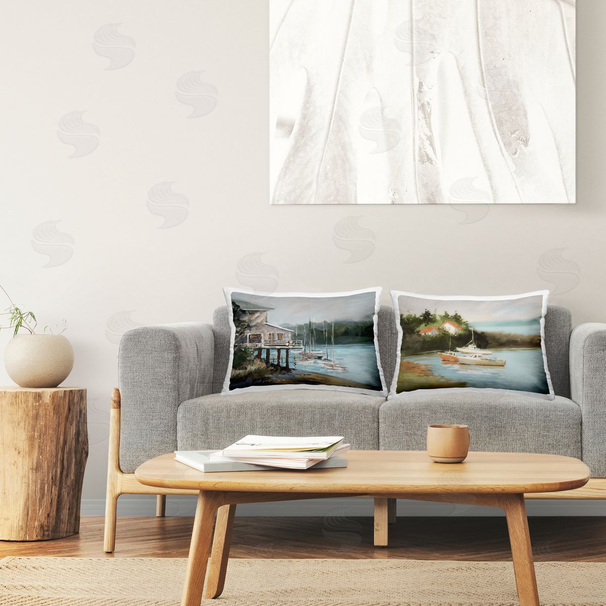 Jane Slivka Boat Lakeshore Landscape Printed Plush Polyester Throw Pillow
