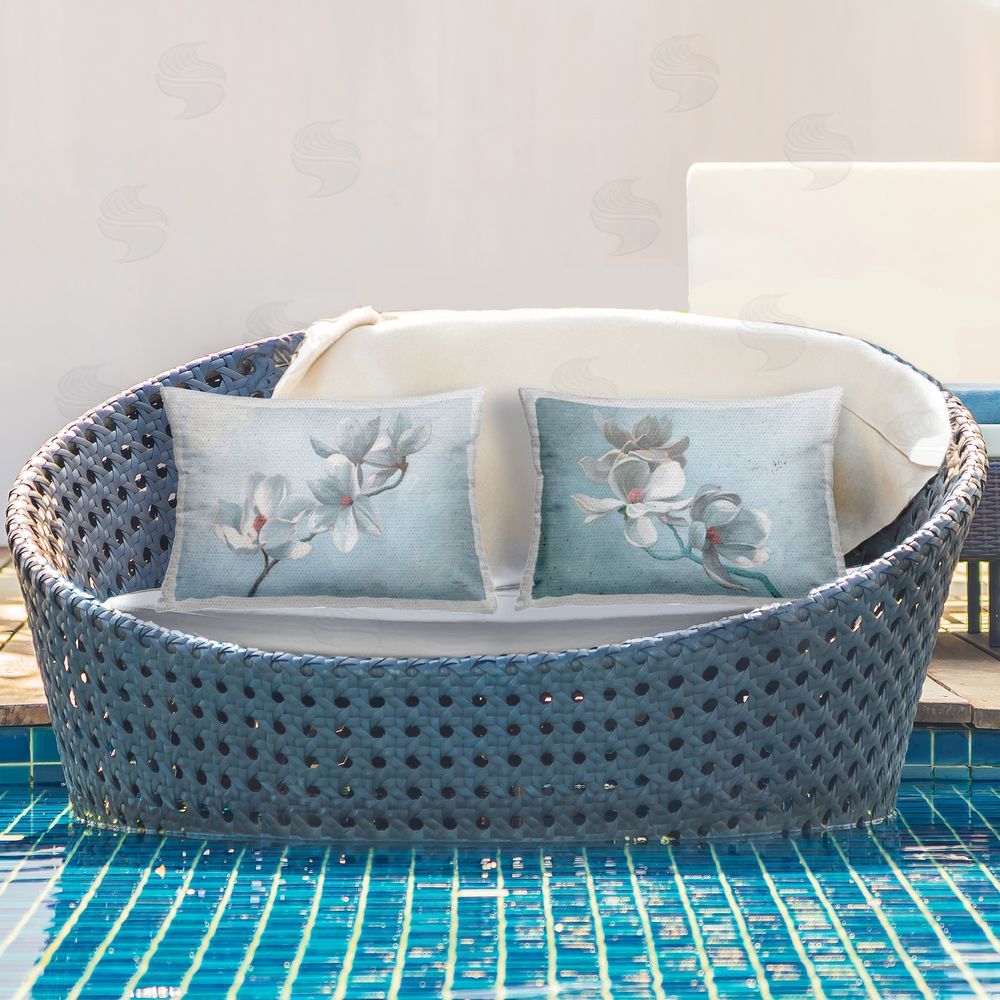 Wellington Studio Single Magnolia Branch Blossoms Outdoor Quick-Dry Polyester Printed Throw Pillow in Back Yard