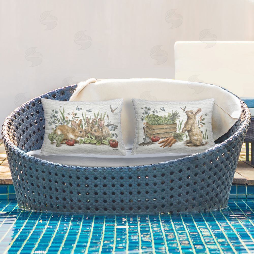 Leslie Trimbach Rabbit Vegetable Garden Party Outdoor Quick-Dry Polyester Printed Throw Pillow in Back Yard