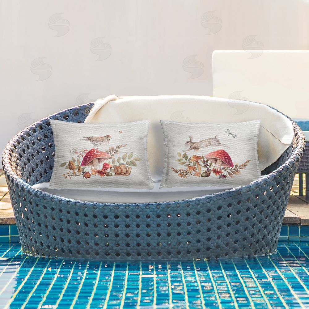 Janice Gaynor Woodland Bird Rabbit Mushrooms   Outdoor Quick-Dry Polyester Printed Throw Pillow in Back Yard