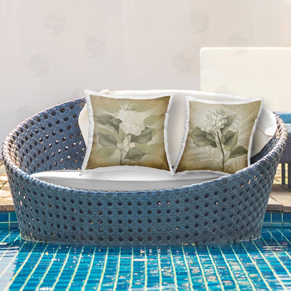 Lanie Loreth Vintage Opaque Hydrangea Outdoor Quick-Dry Polyester Printed Throw Pillow in Back Yard