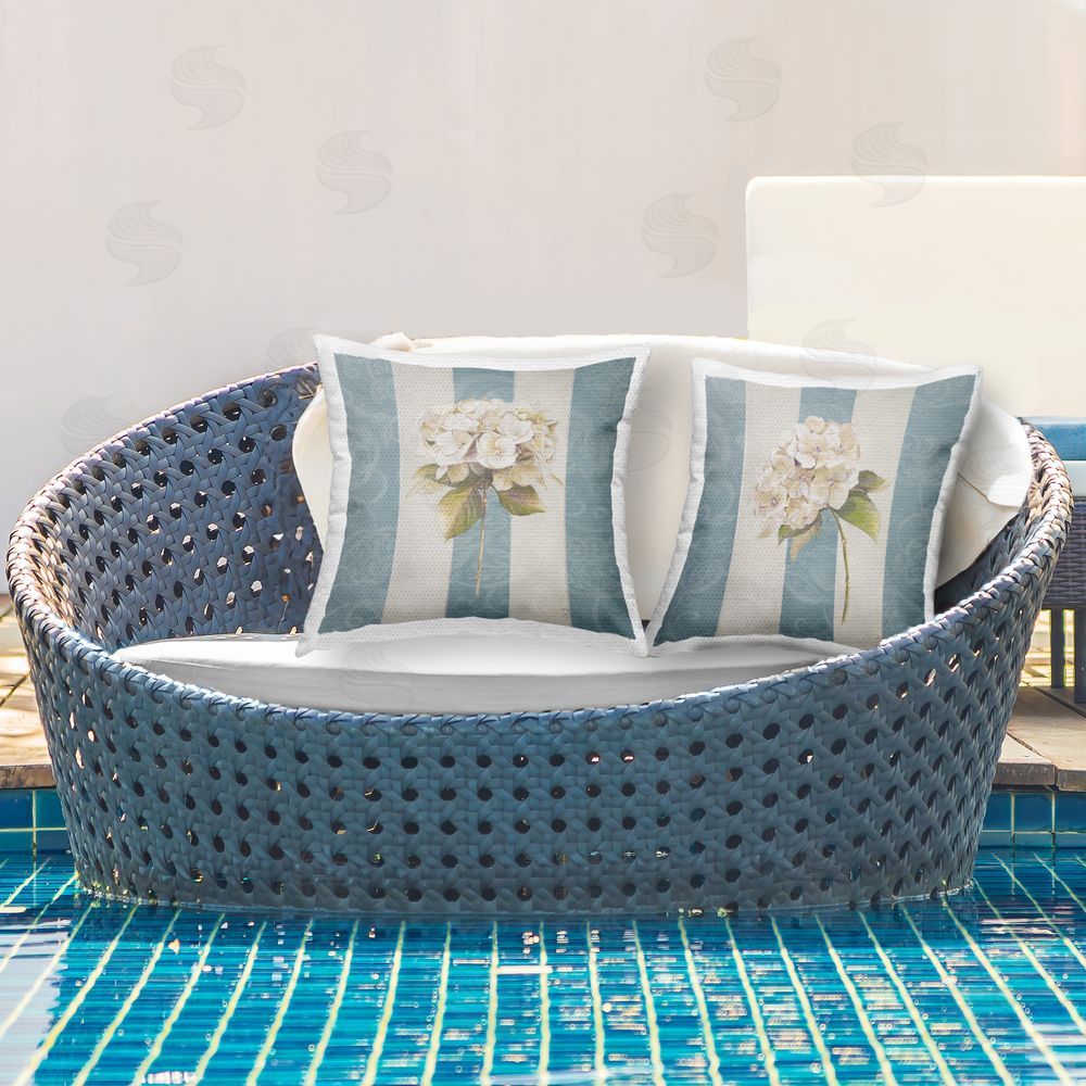Patricia Pinto Hydrangea Sprigs on Stripes Outdoor Quick-Dry Polyester Printed Throw Pillow in Back Yard
