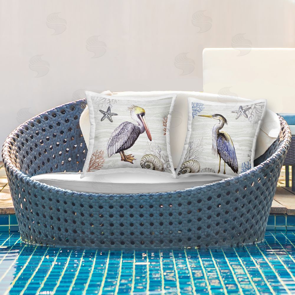 Elena Vladykina Coastal Pelican and Heron Outdoor Quick-Dry Polyester Printed Throw Pillow in Back Yard