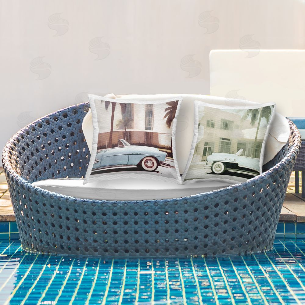 Noah Bay Vintage Tropics Miami Cars Outdoor Quick-Dry Polyester Printed Throw Pillow in Back Yard