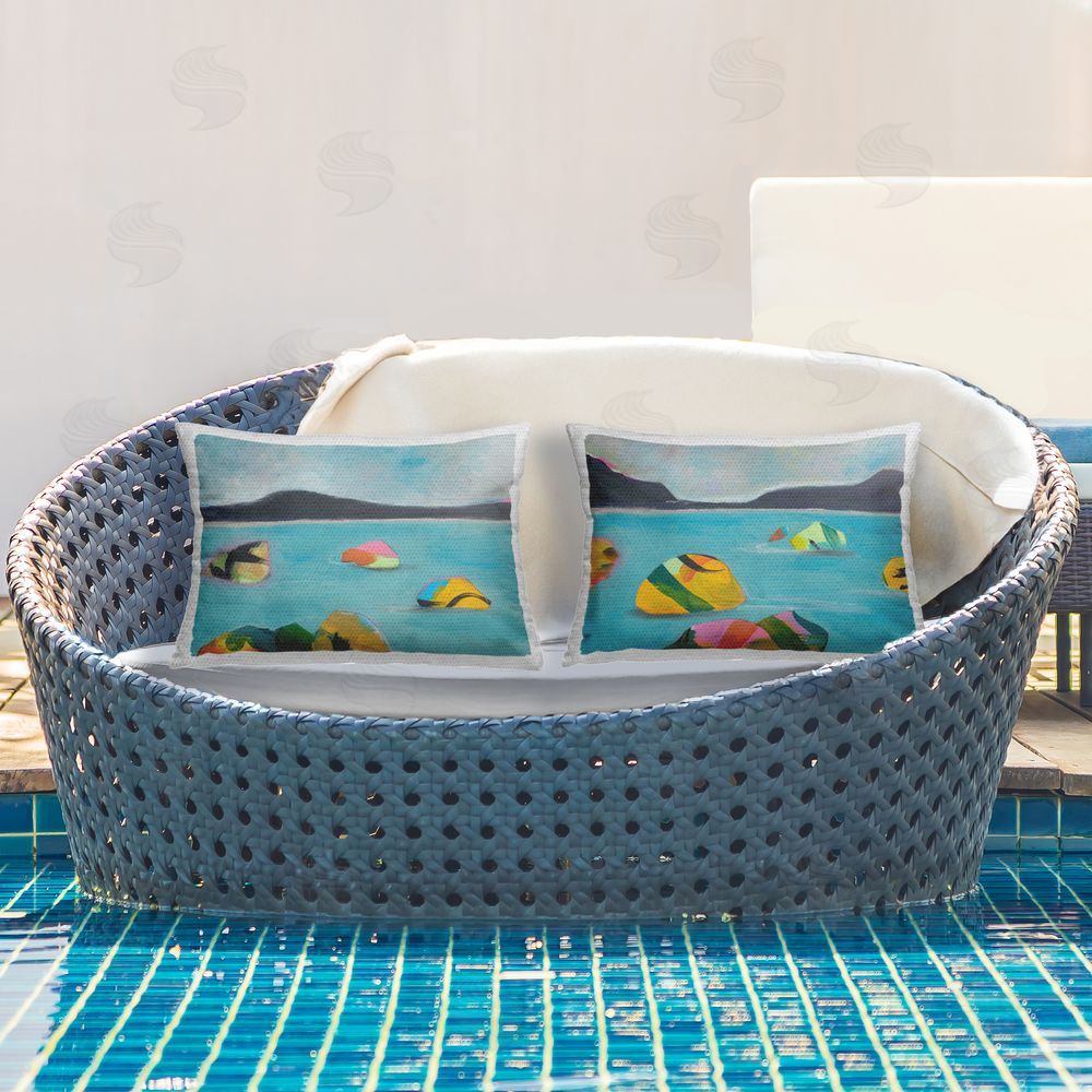 Jan Weiss Modern Hued Ocean Views Outdoor Quick-Dry Polyester Printed Throw Pillow in Back Yard