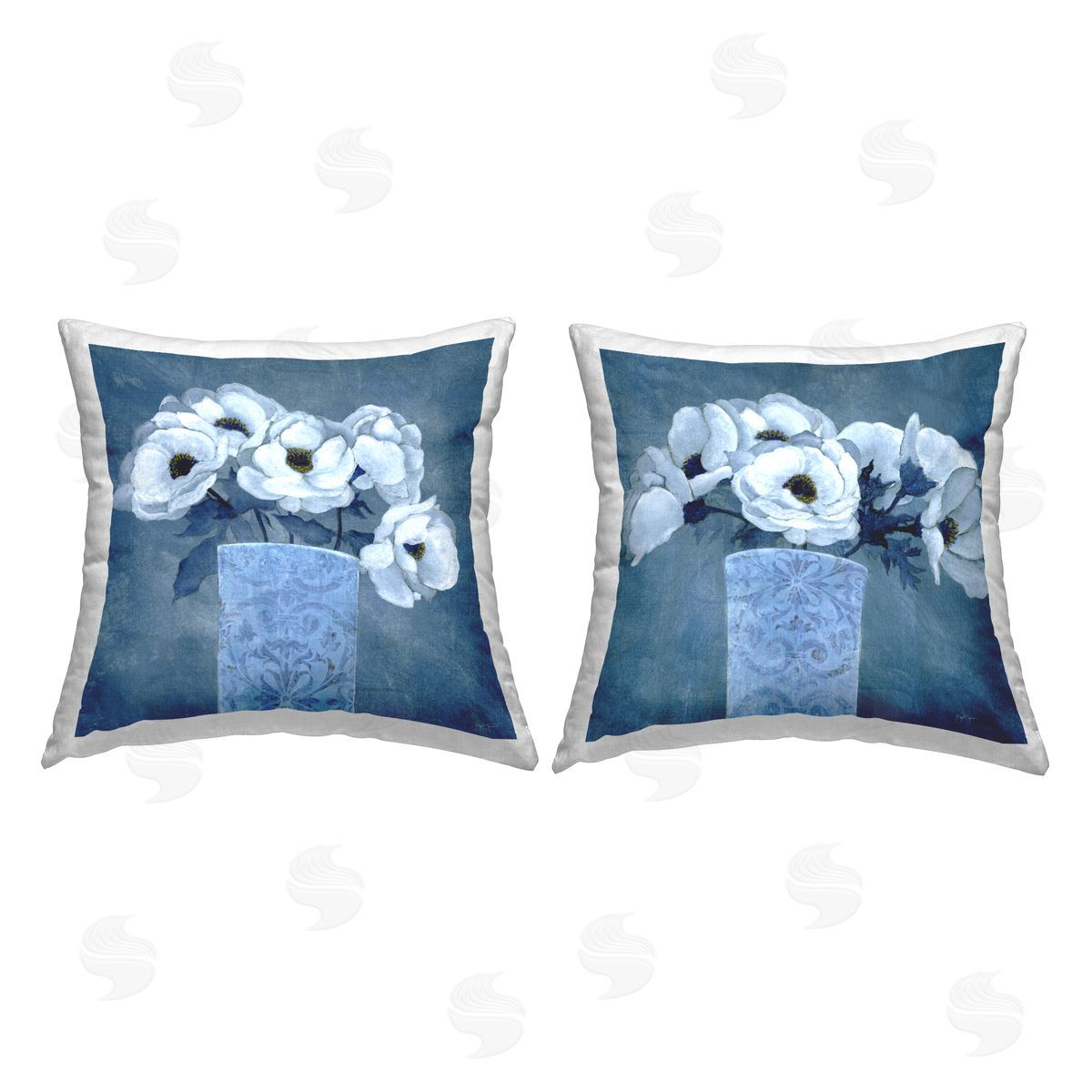 Janet Tava Blue and White Poppies Printed Plush Polyester Throw Pillow