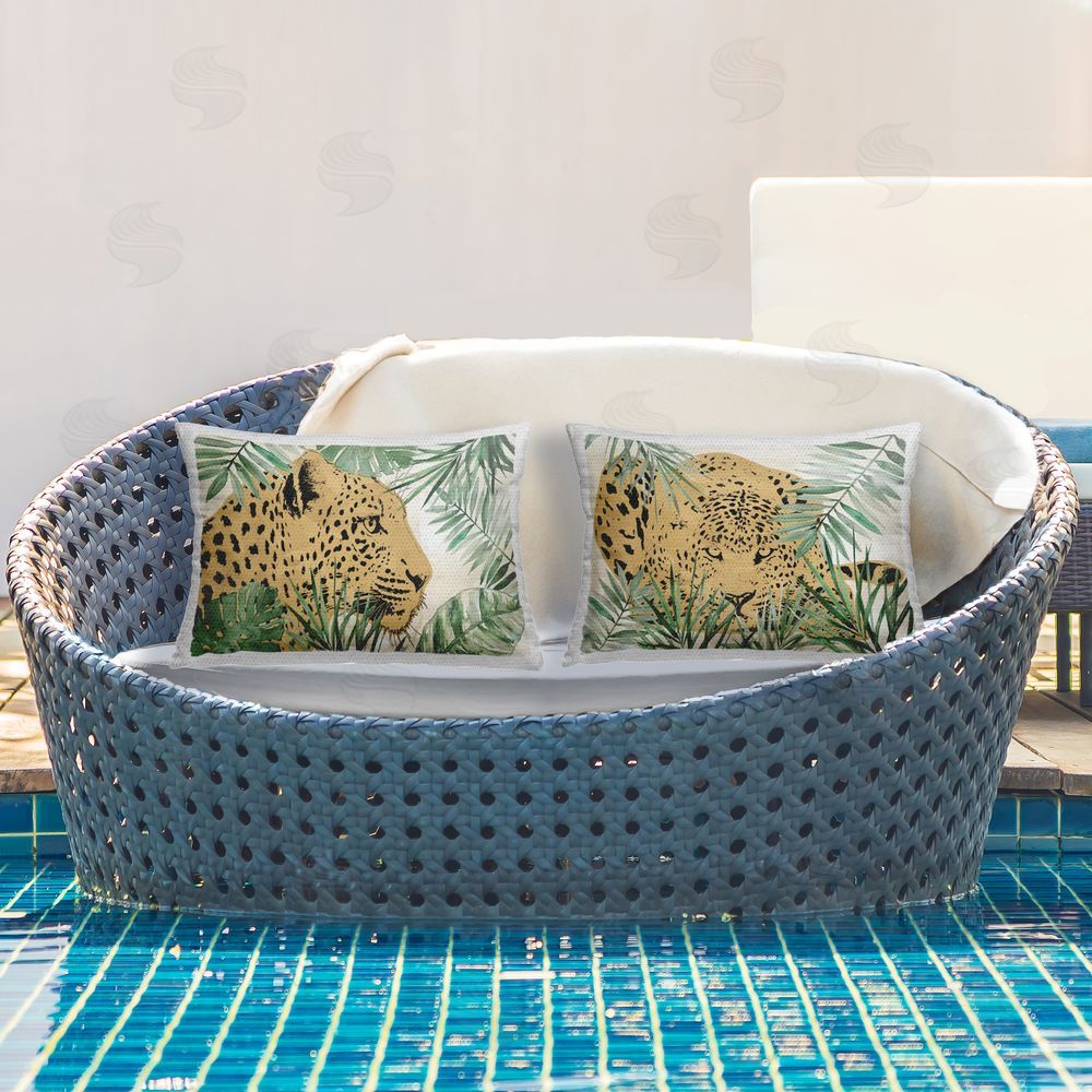 Carol Robinson Leopards Among Palm Leaves Outdoor Quick-Dry Polyester Printed Throw Pillow in Back Yard