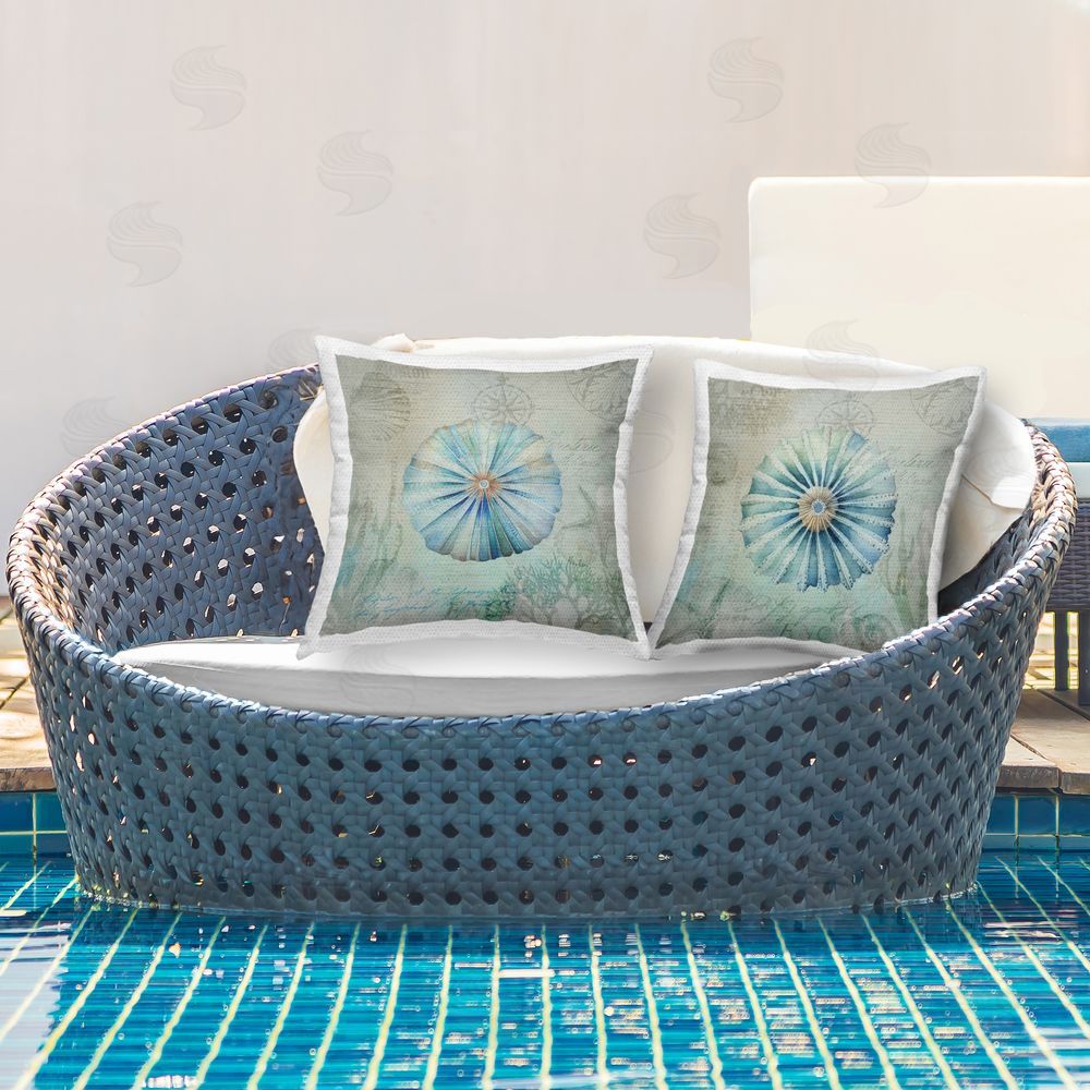 Andrea Haase Vintage Blue Sea Urchins Outdoor Quick-Dry Polyester Printed Throw Pillow in Back Yard
