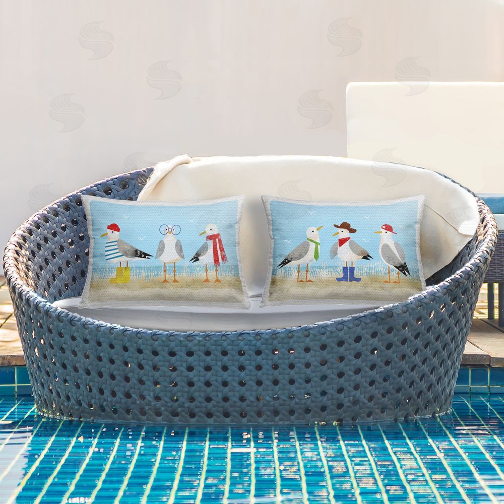 Victoria Barnes Stylish Seagulls at Beach Outdoor Quick-Dry Polyester Printed Throw Pillow in Back Yard