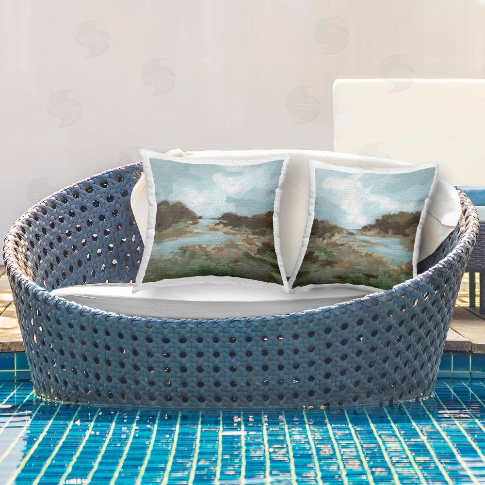 June Erica Vess Winding River Landscape Scene Outdoor Quick-Dry Polyester Printed Throw Pillow in Back Yard